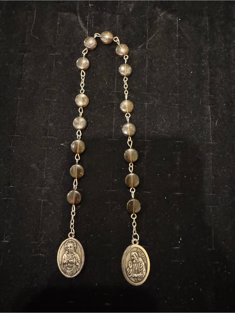 Lot of 2 Vintage Catholic Prayer Beads Brown Glass Religious Medal Sacred Heart